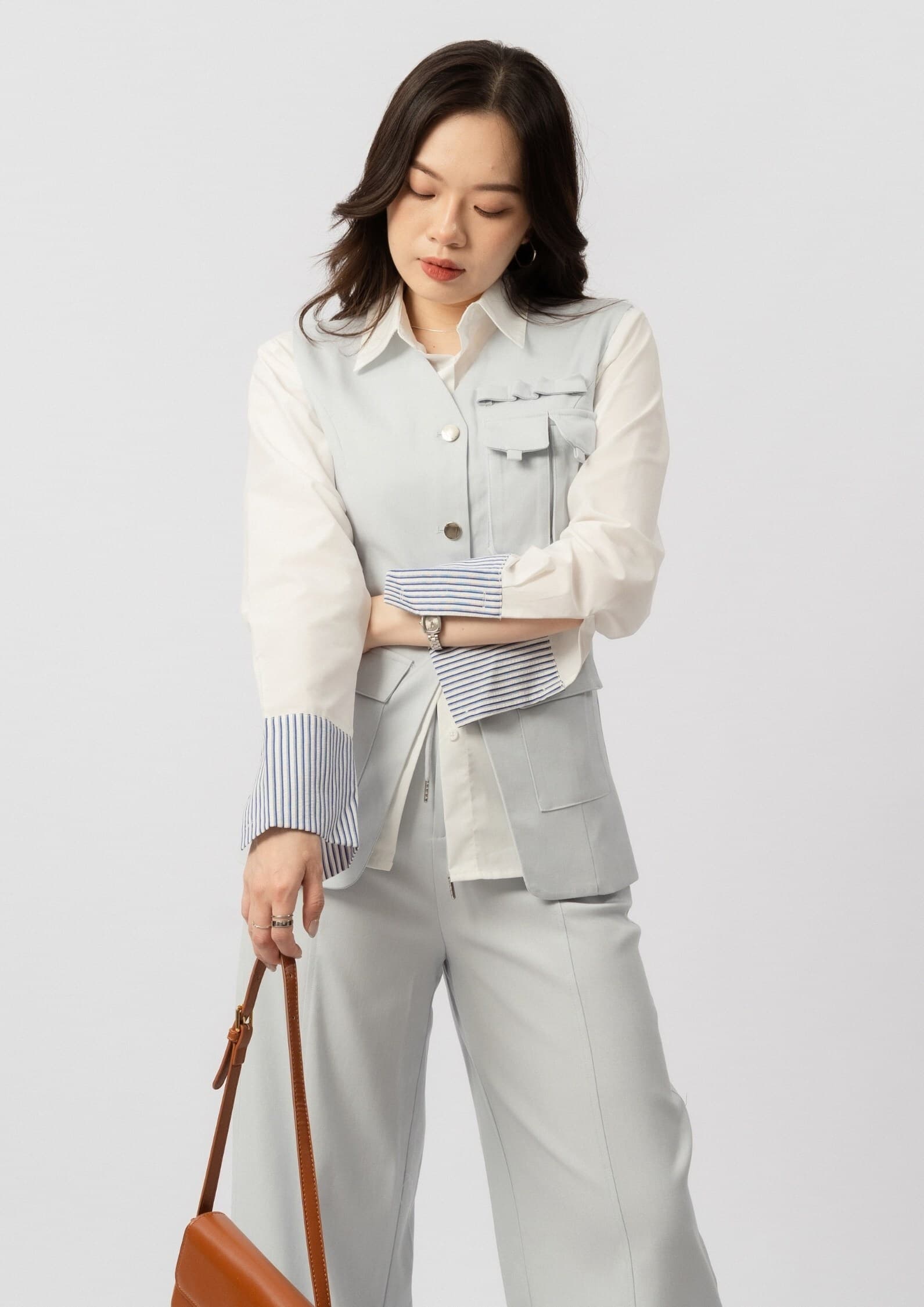 Striped Sleeve Panel White Shirt ZBP6072