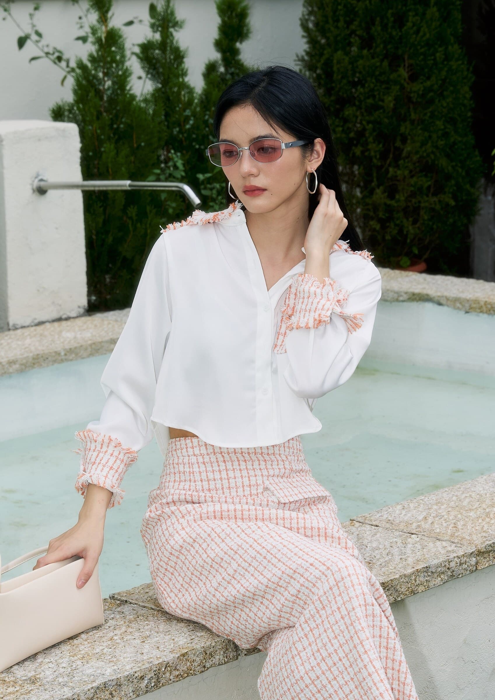 Satin Tweed Panel Shirt ZBP6079