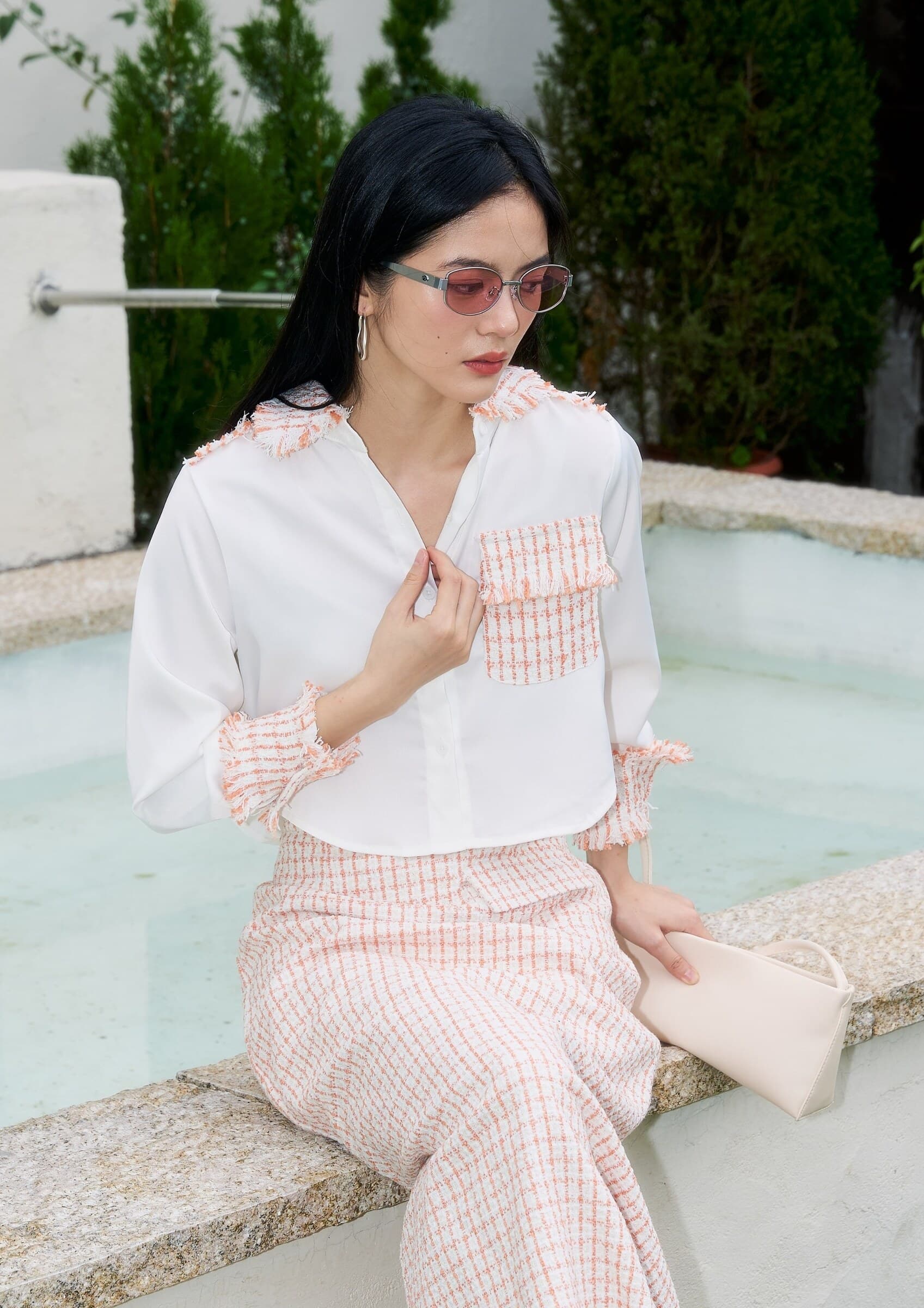Satin Tweed Panel Shirt ZBP6079