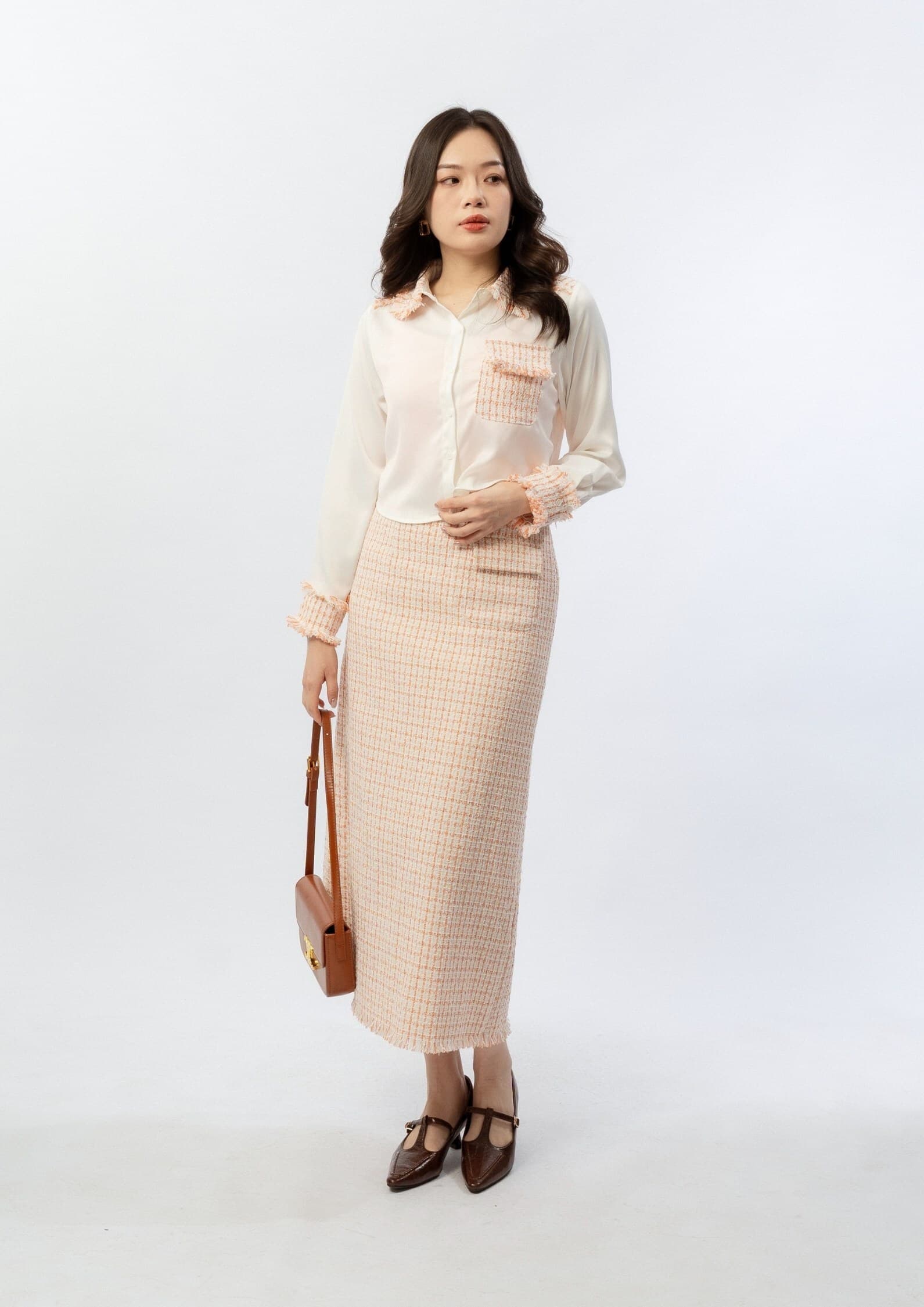 Satin Tweed Panel Shirt ZBP6079