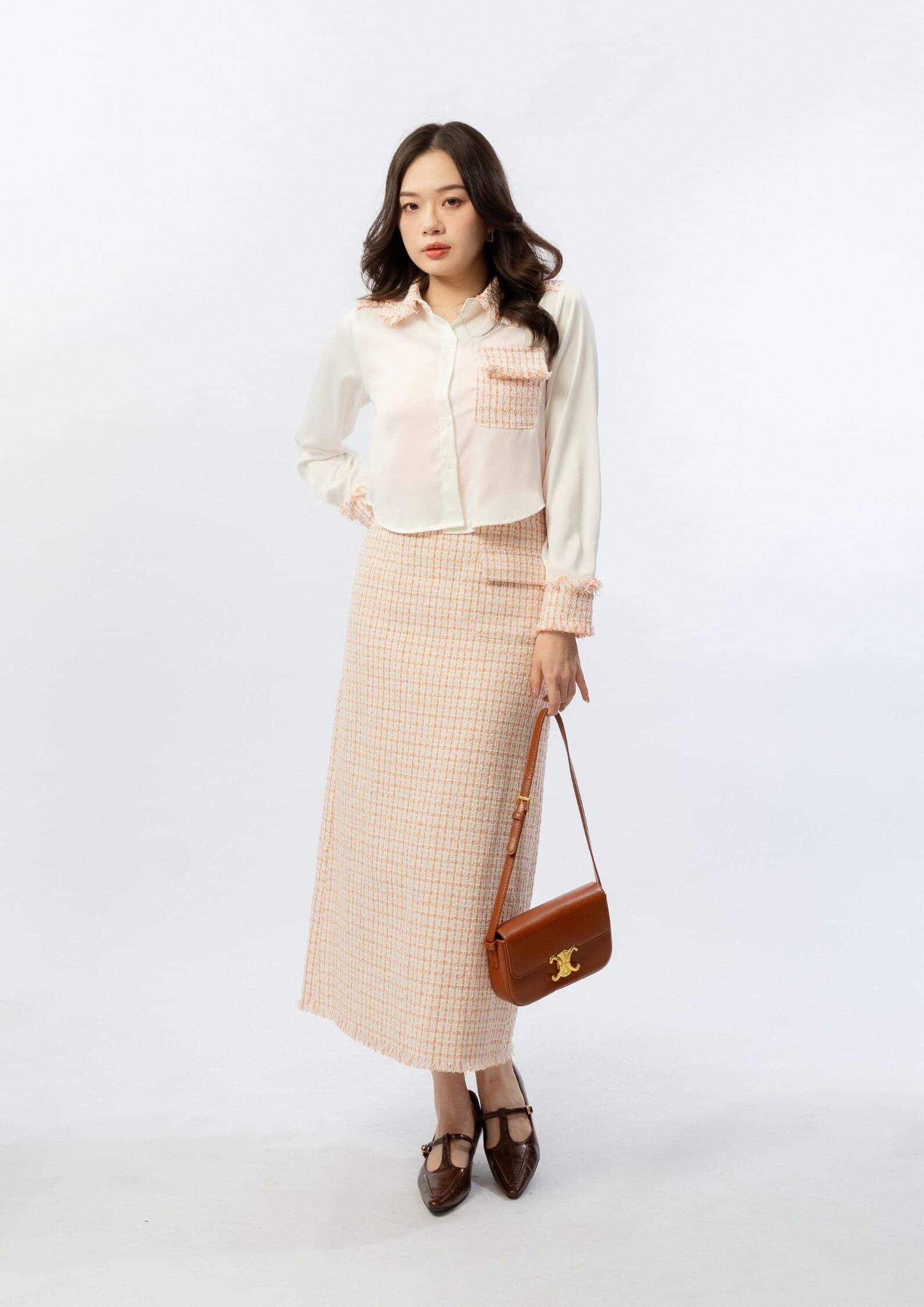 Satin Tweed Panel Shirt ZBP6079
