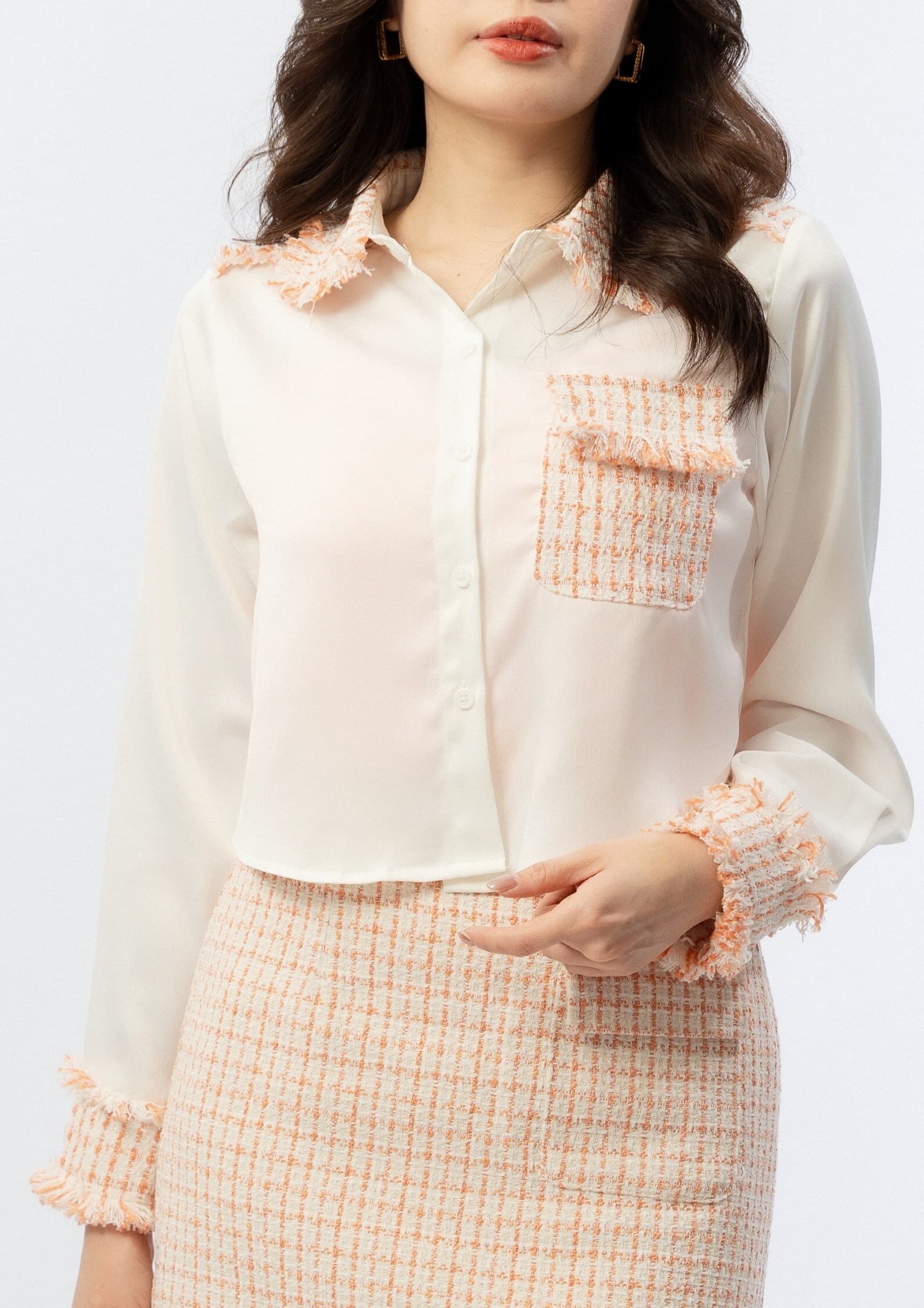 Satin Tweed Panel Shirt ZBP6079