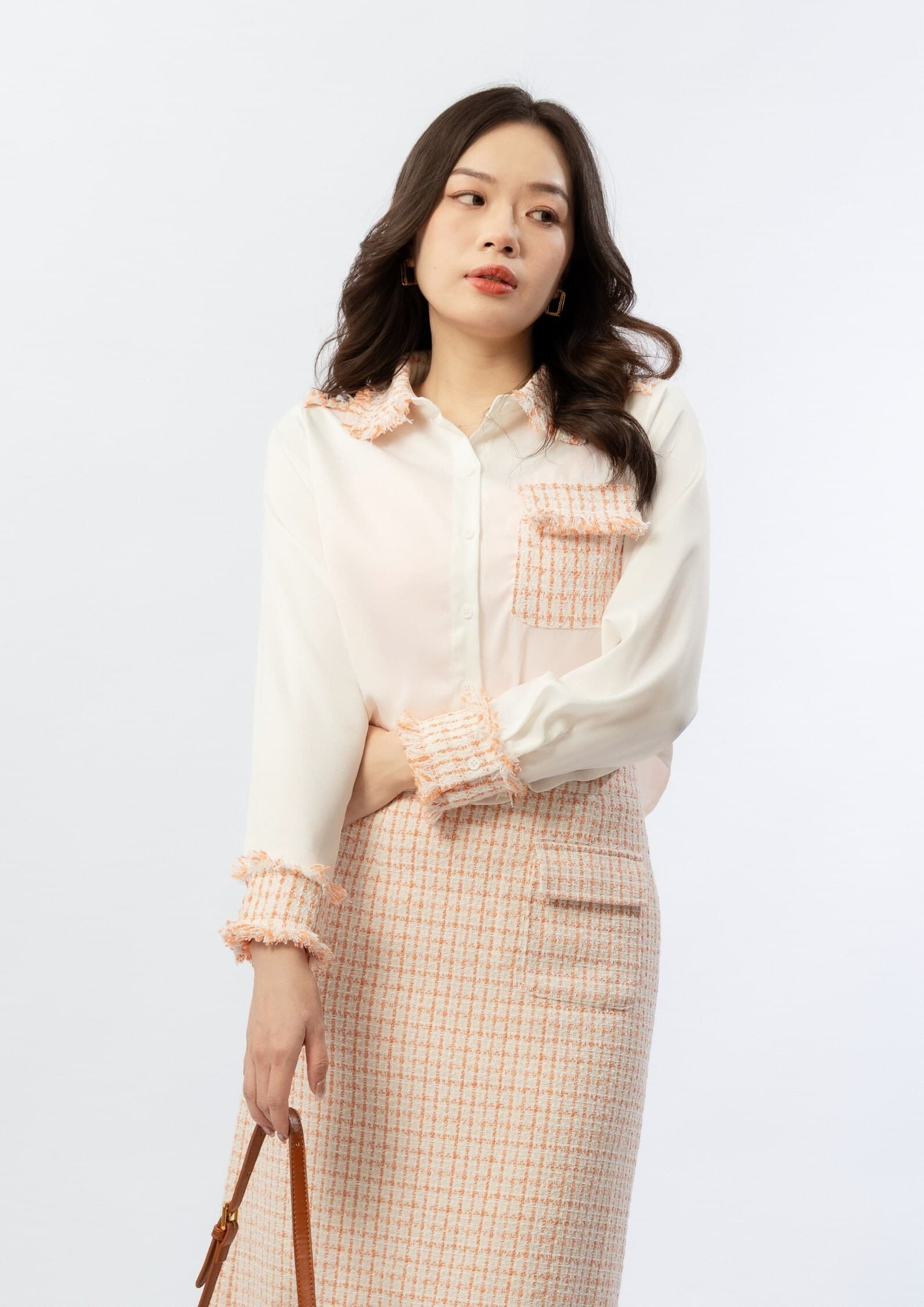 Satin Tweed Panel Shirt ZBP6079