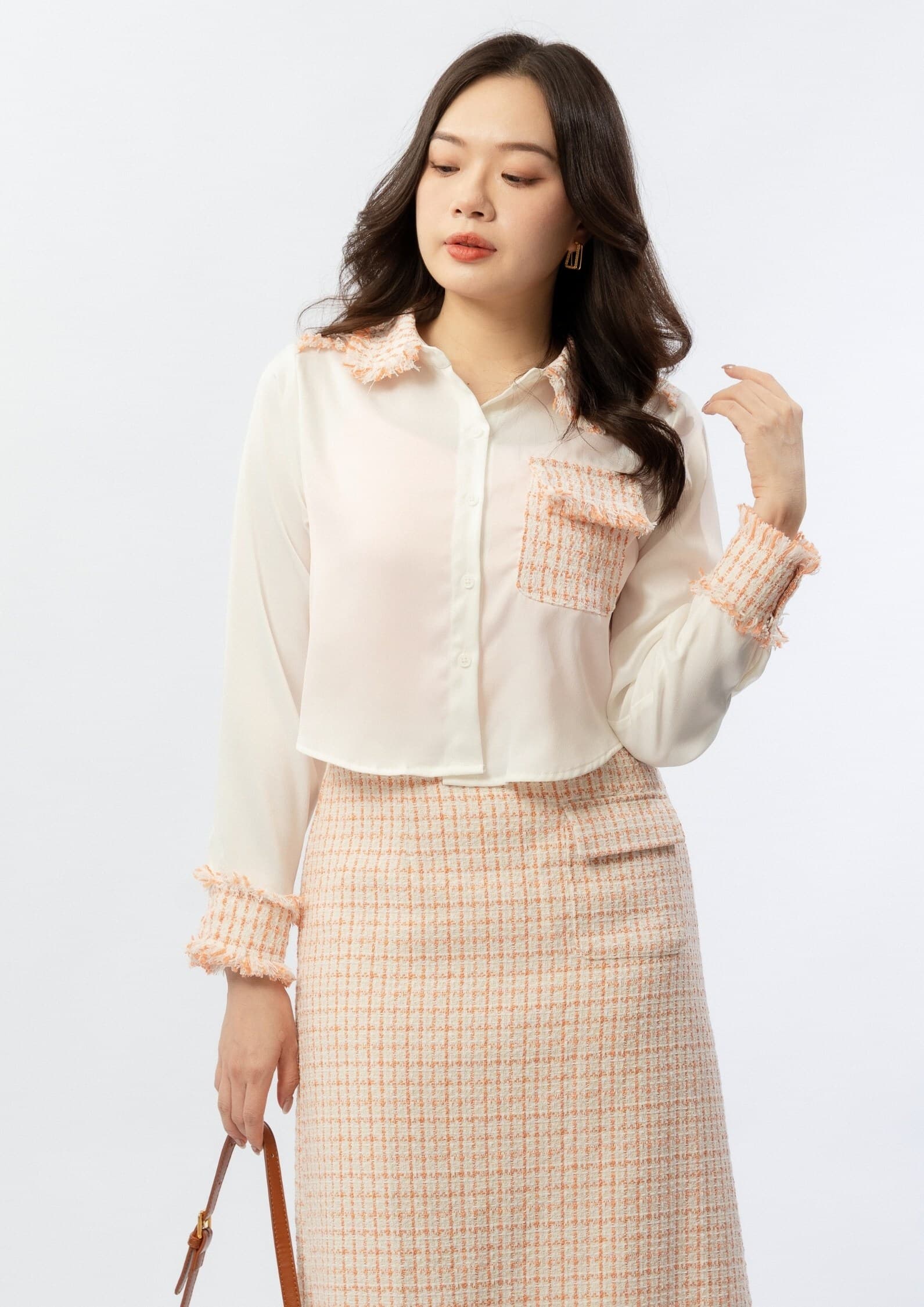 Satin Tweed Panel Shirt ZBP6079