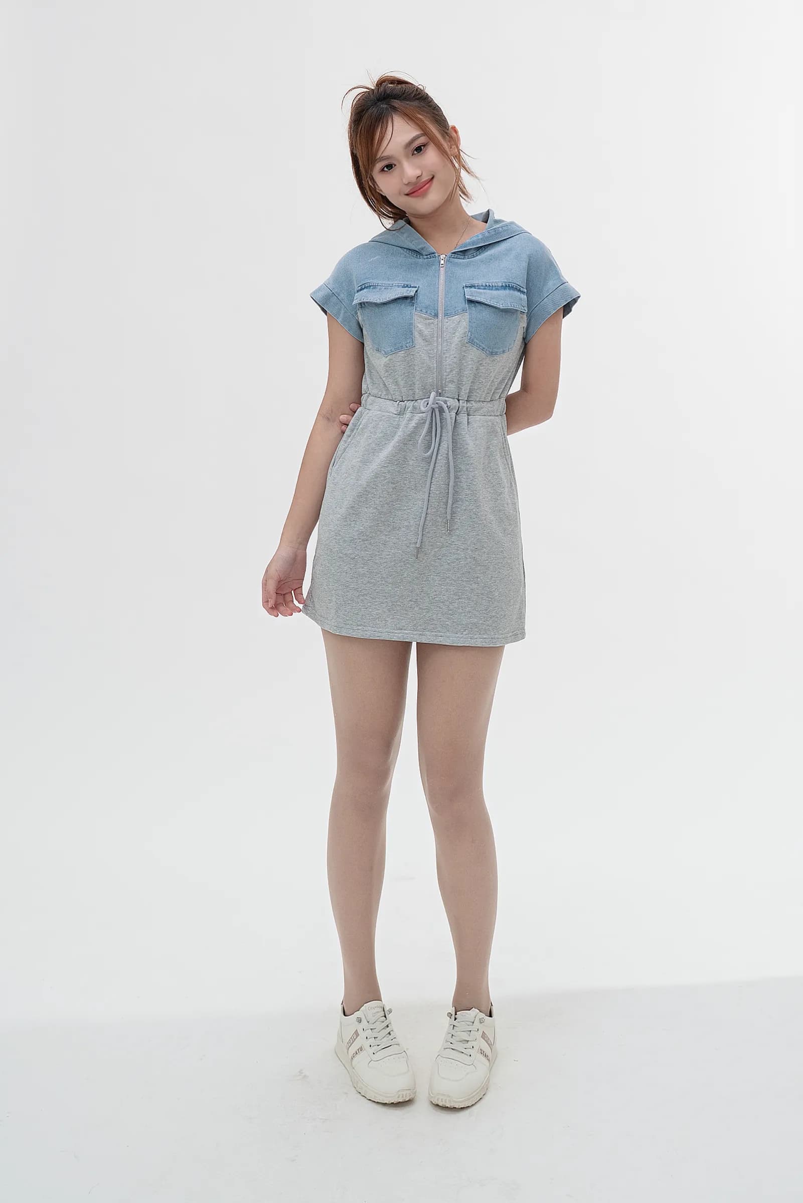 Cotton-Denim Spliced Hoodie Dress ZBL4071