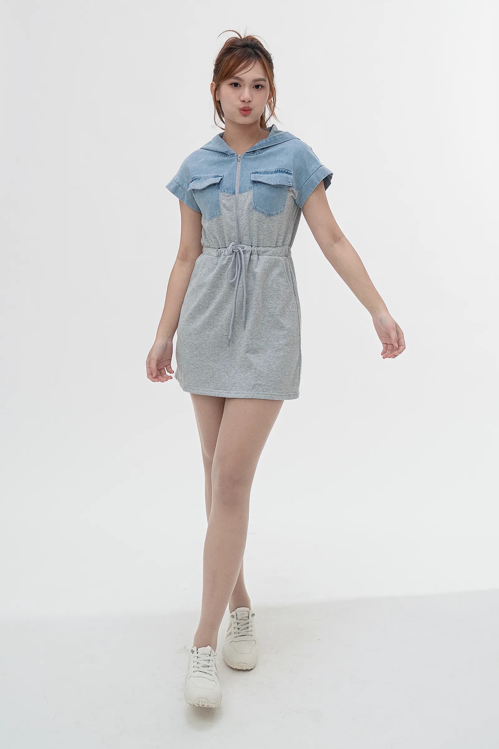 Cotton-Denim Spliced Hoodie Dress ZBL4071