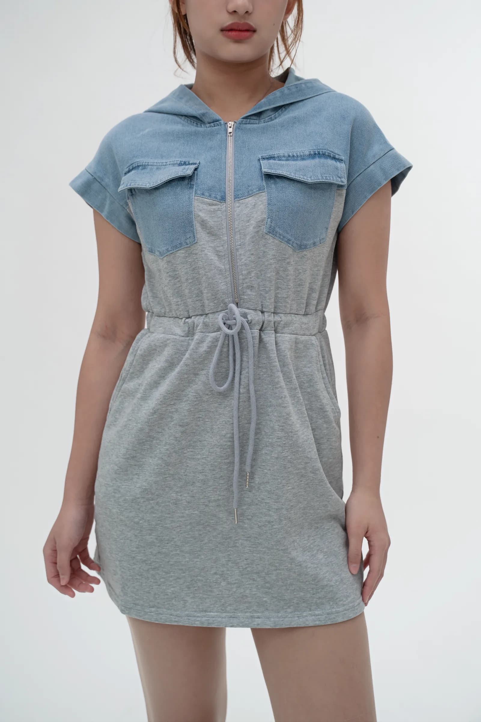 Cotton-Denim Spliced Hoodie Dress ZBL4071