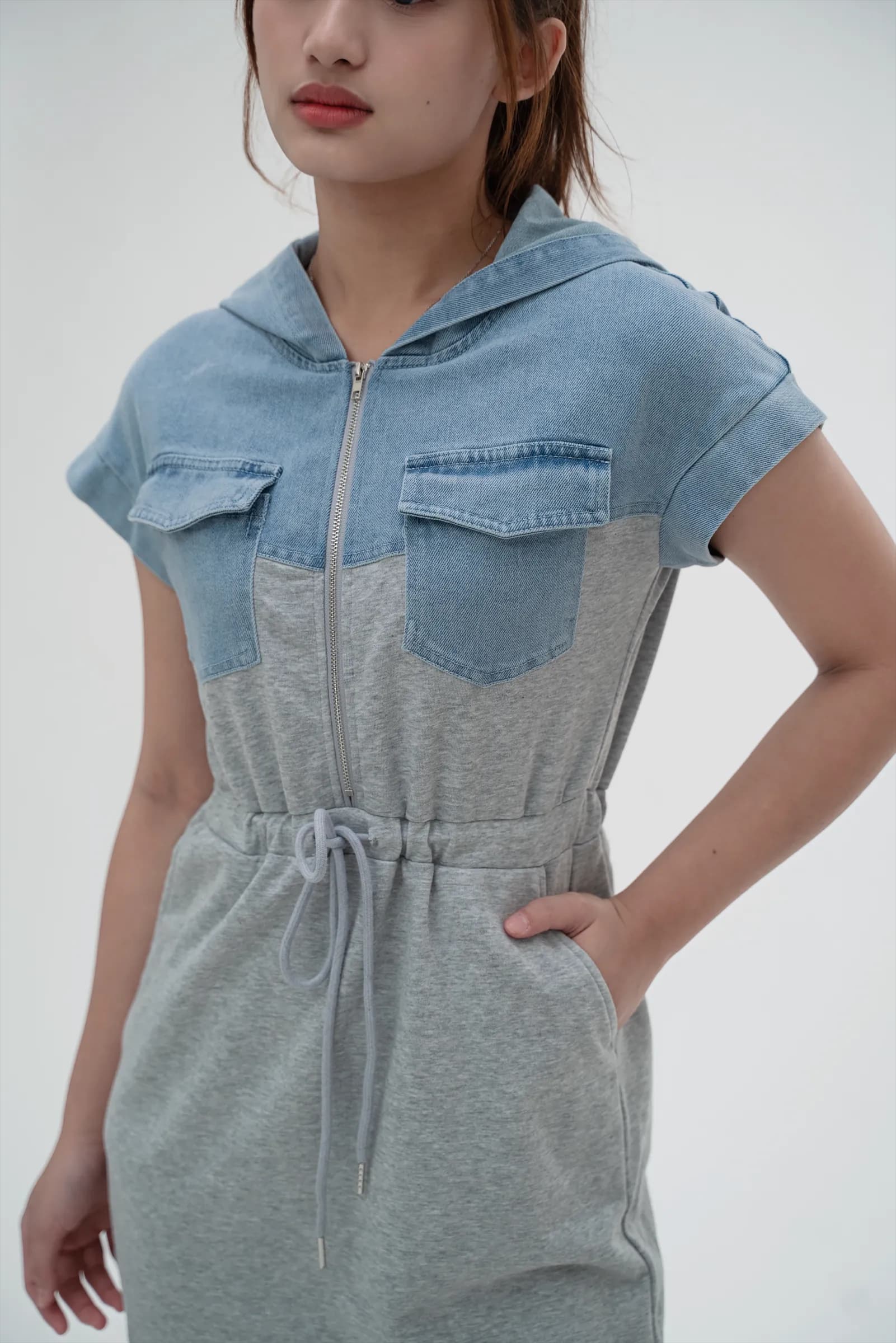Cotton-Denim Spliced Hoodie Dress ZBL4071