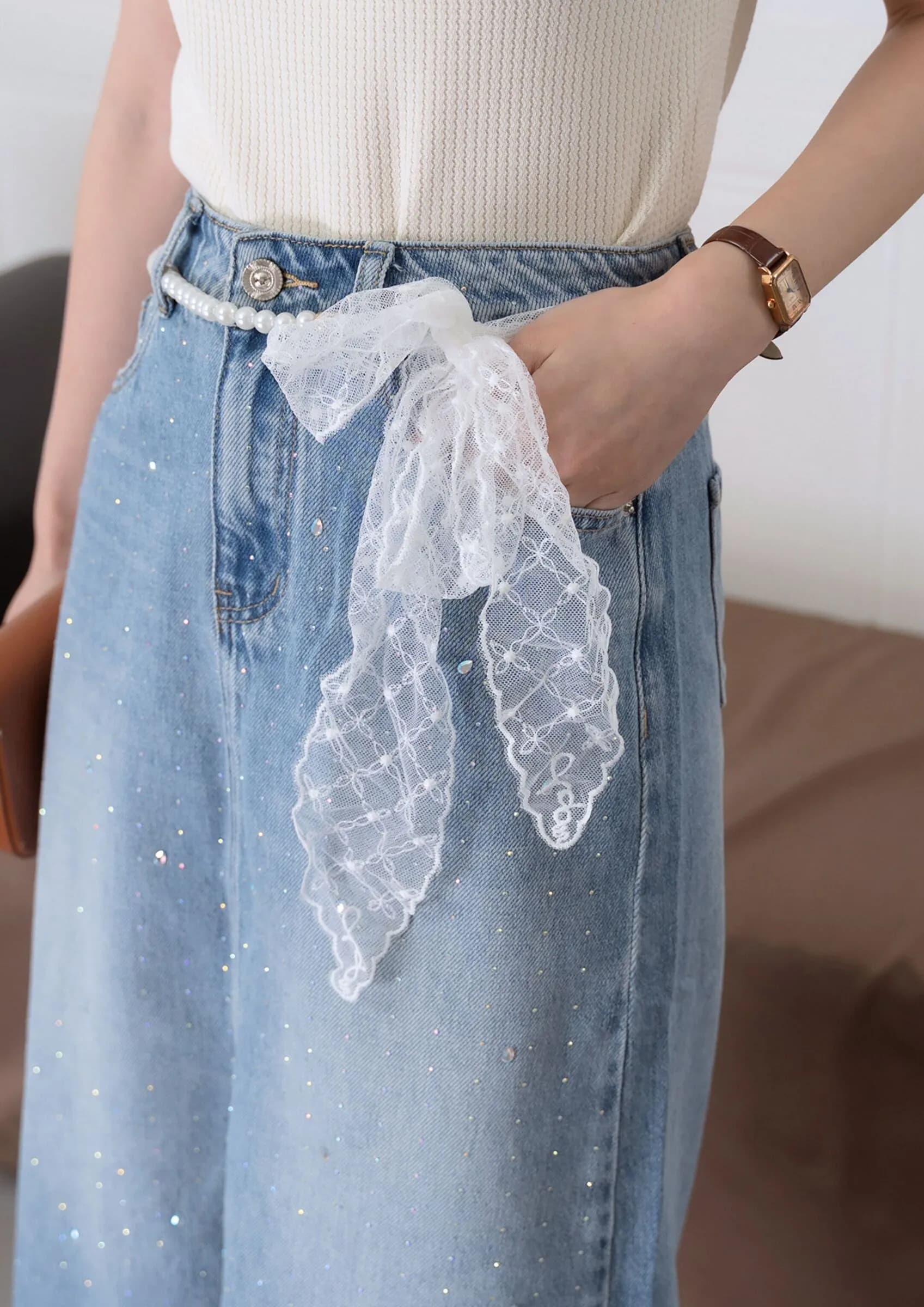 Sequin Skirt with Lace Belt ZJK5004
