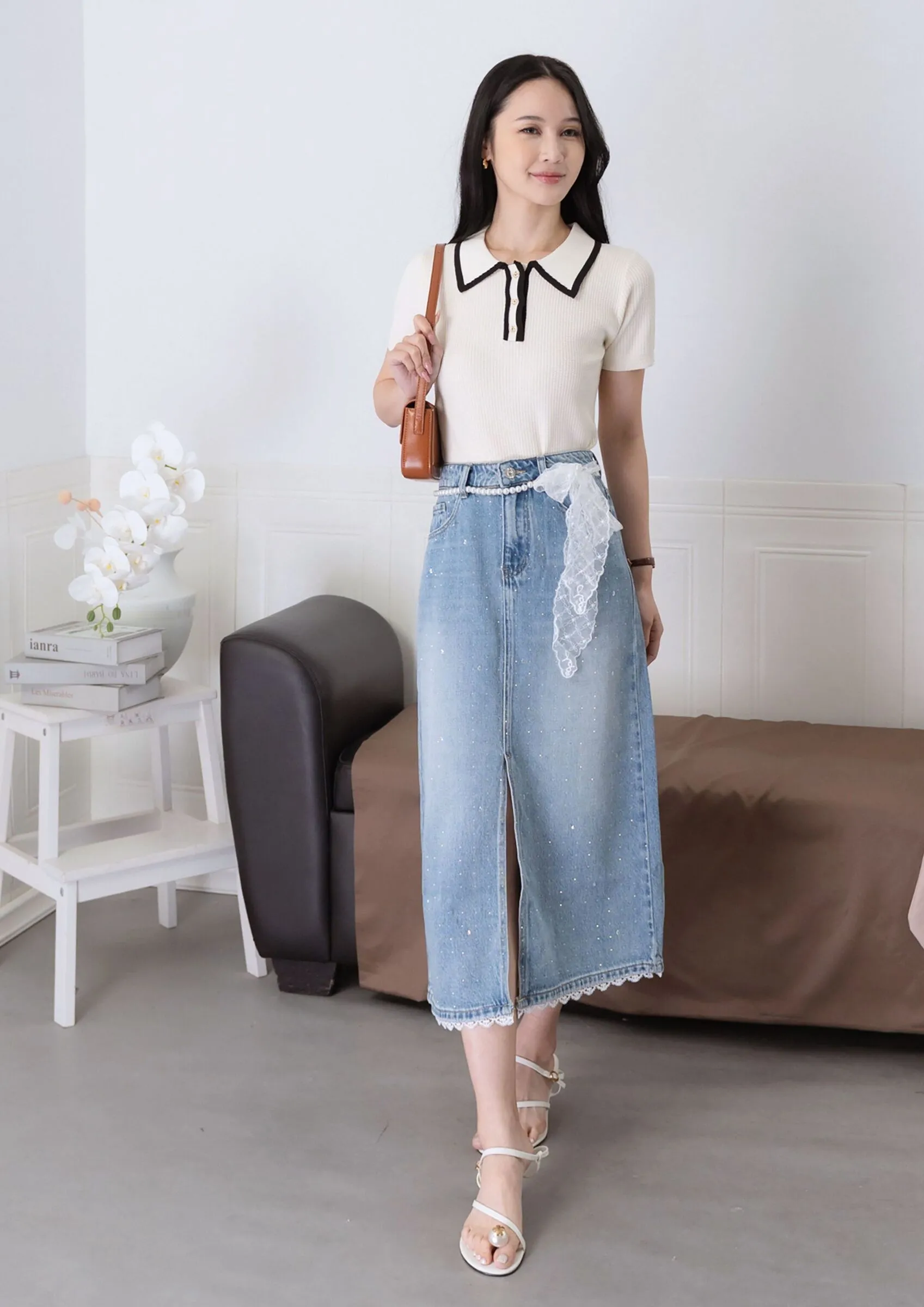 Sequin Skirt with Lace Belt ZJK5004