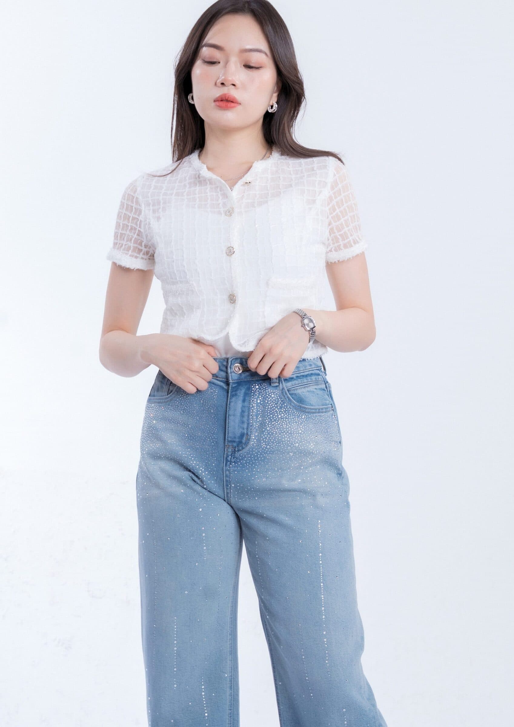 Ombre Rhinestone Denim Pants ZJL5038