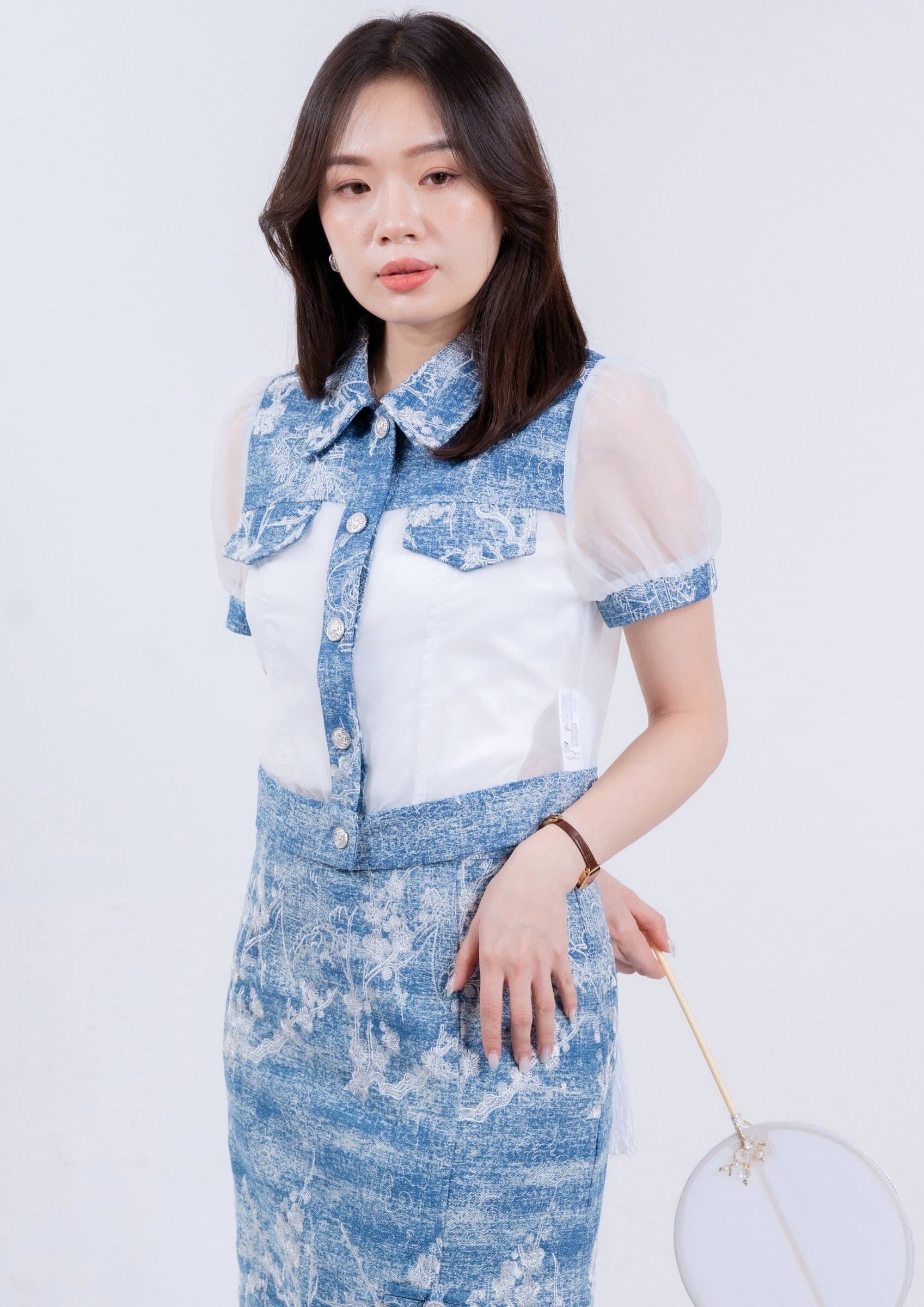 CNY Collection Chic Organza Denim Top ZBP6001