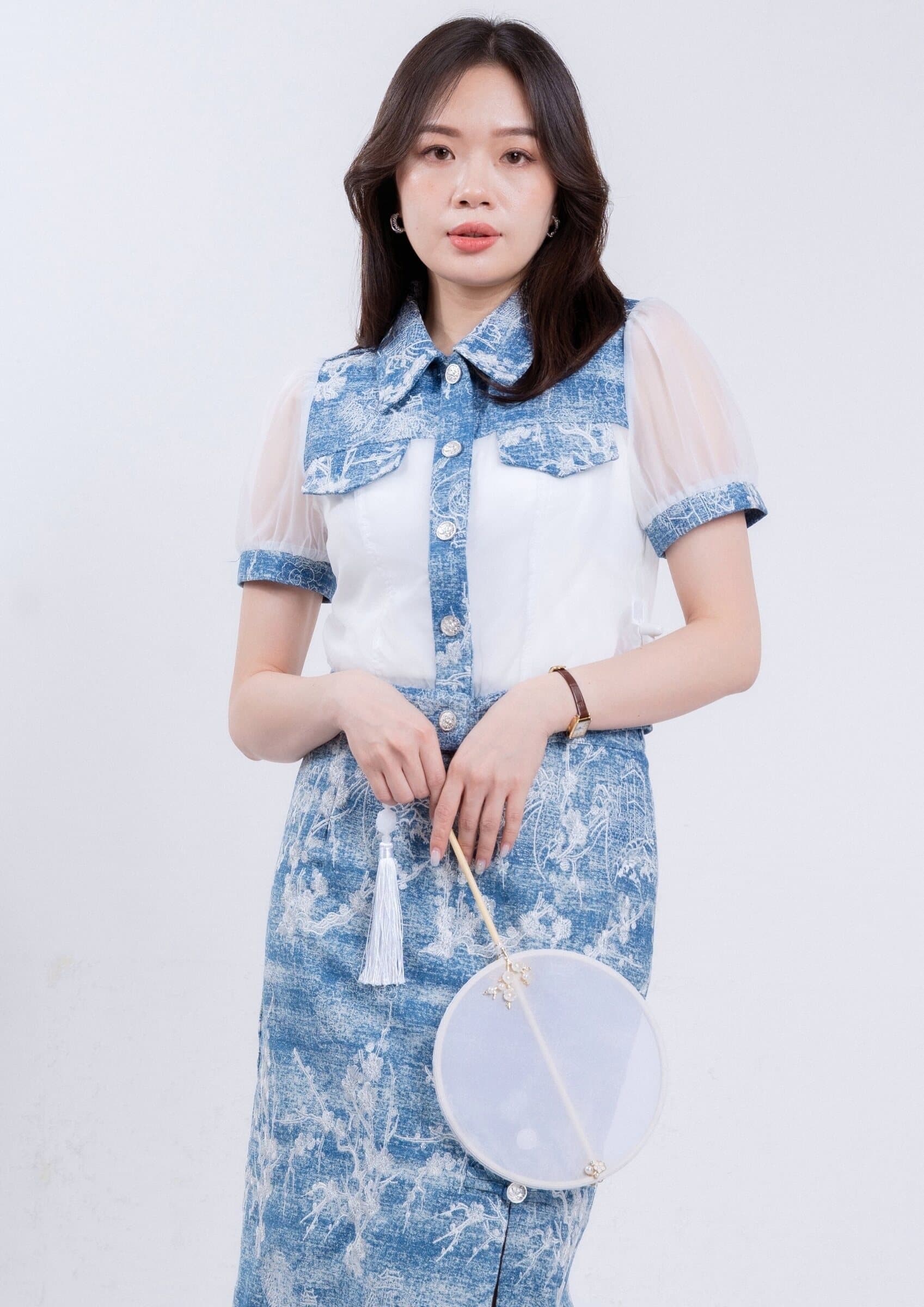 CNY Collection Chic Organza Denim Top ZBP6001
