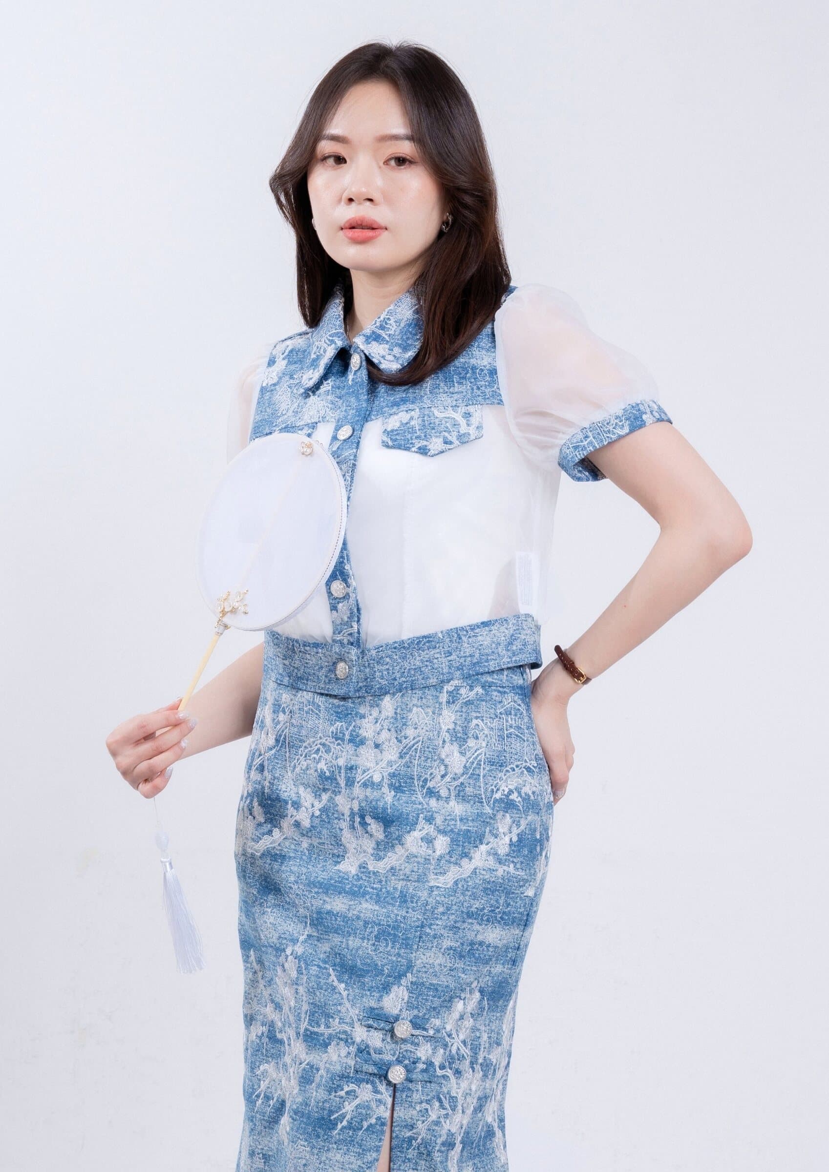 CNY Collection Chic Organza Denim Top ZBP6001