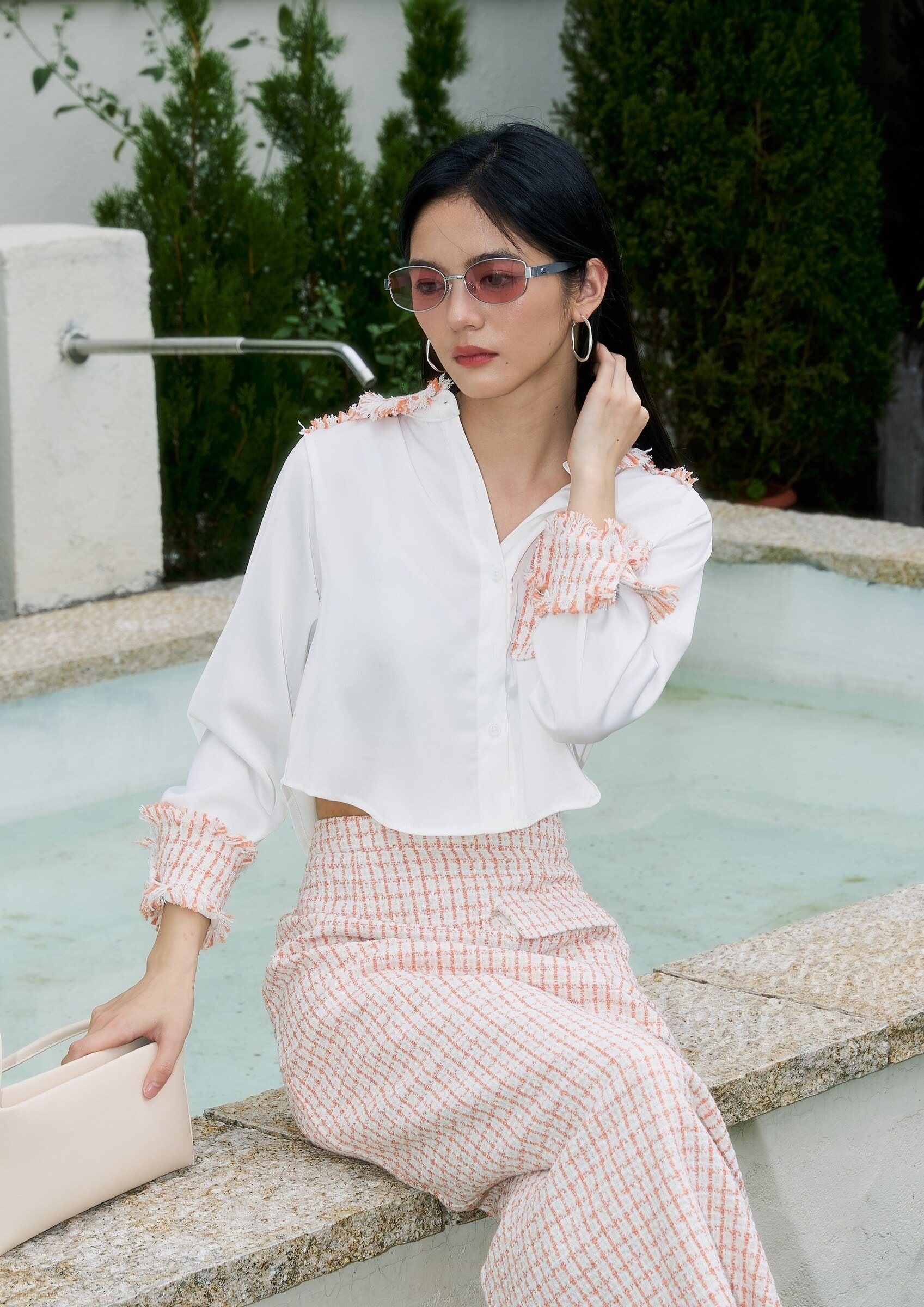 Satin Tweed Panel Shirt ZBP6079