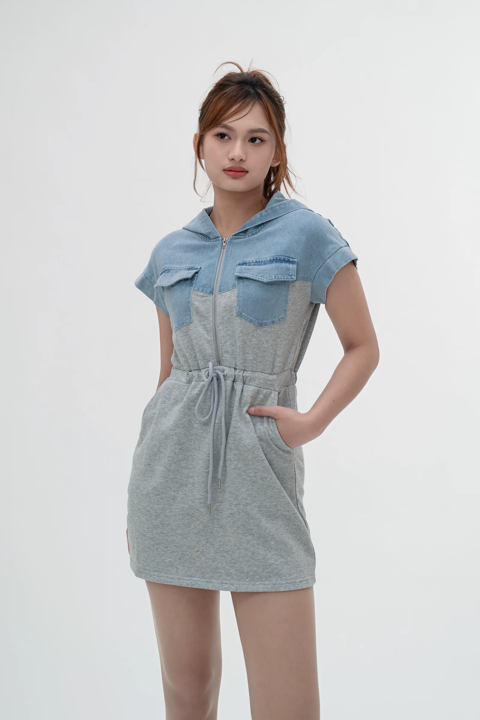 Cotton-Denim Spliced Hoodie Dress ZBL4071