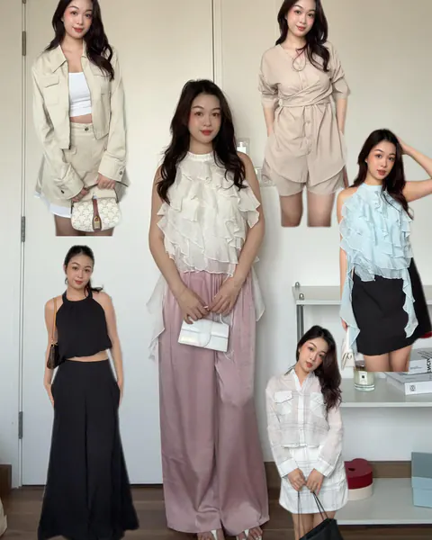 Collage of six creator looks in neutral and pastel MUSII outfits