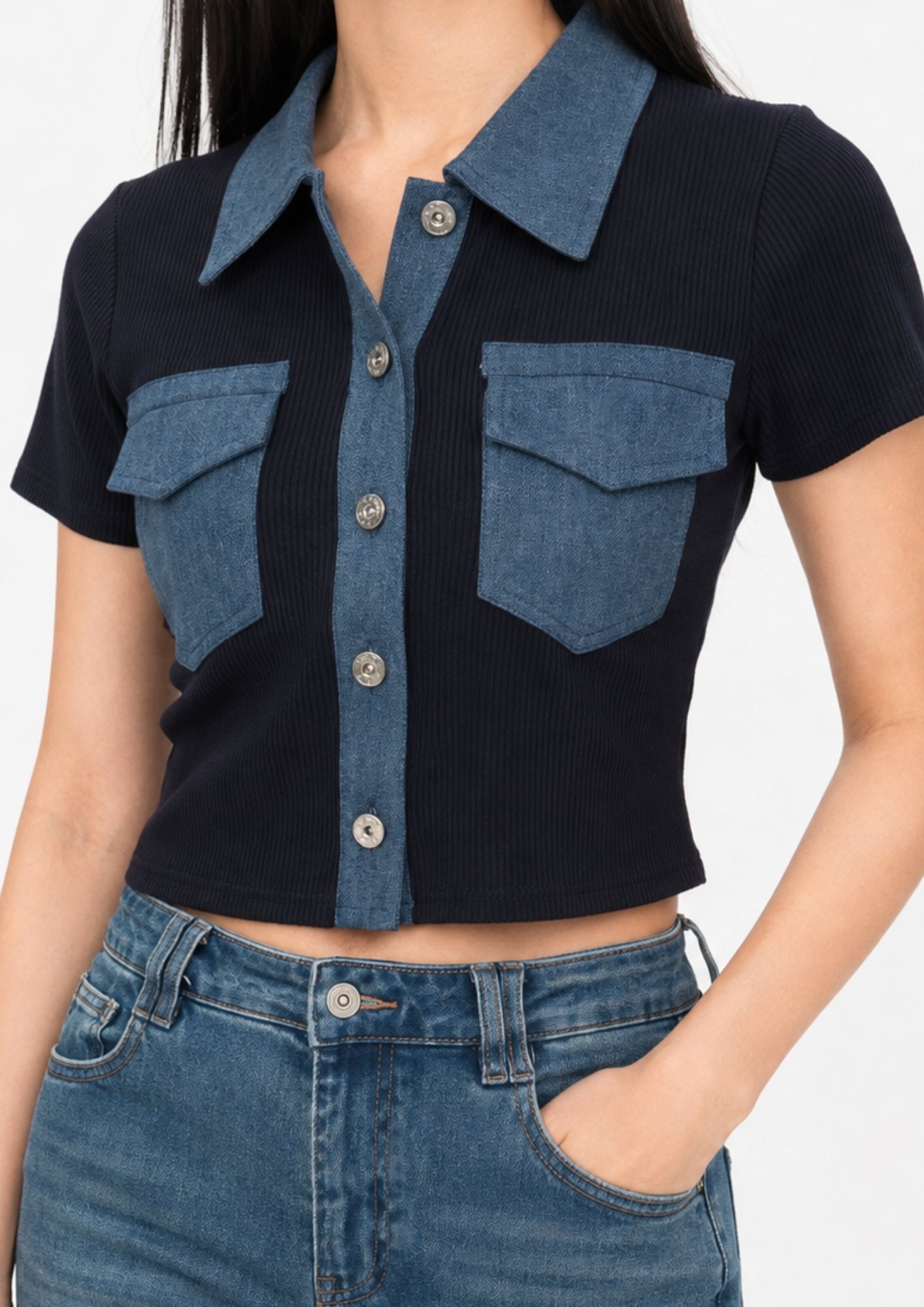 Panelled Denim Knit Top