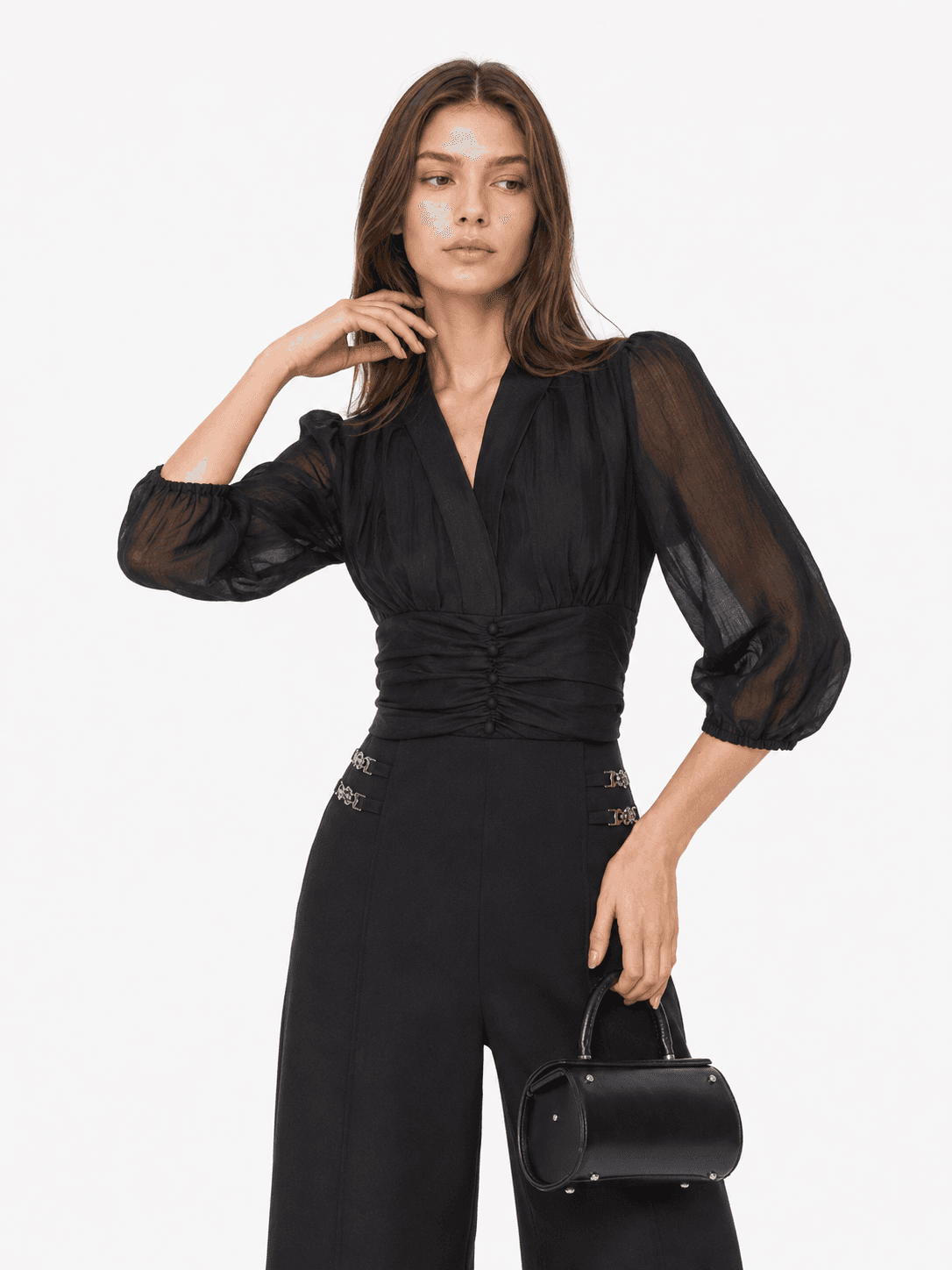 Organza Puff Sleeve V-Neck Blouse ZBP6008
