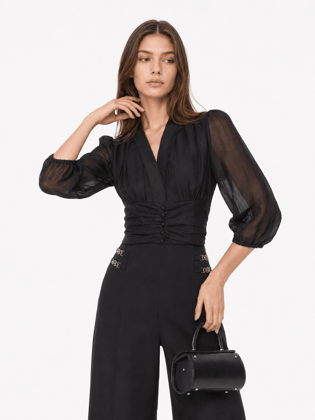 Organza Puff Sleeve V-Neck Blouse ZBP6008