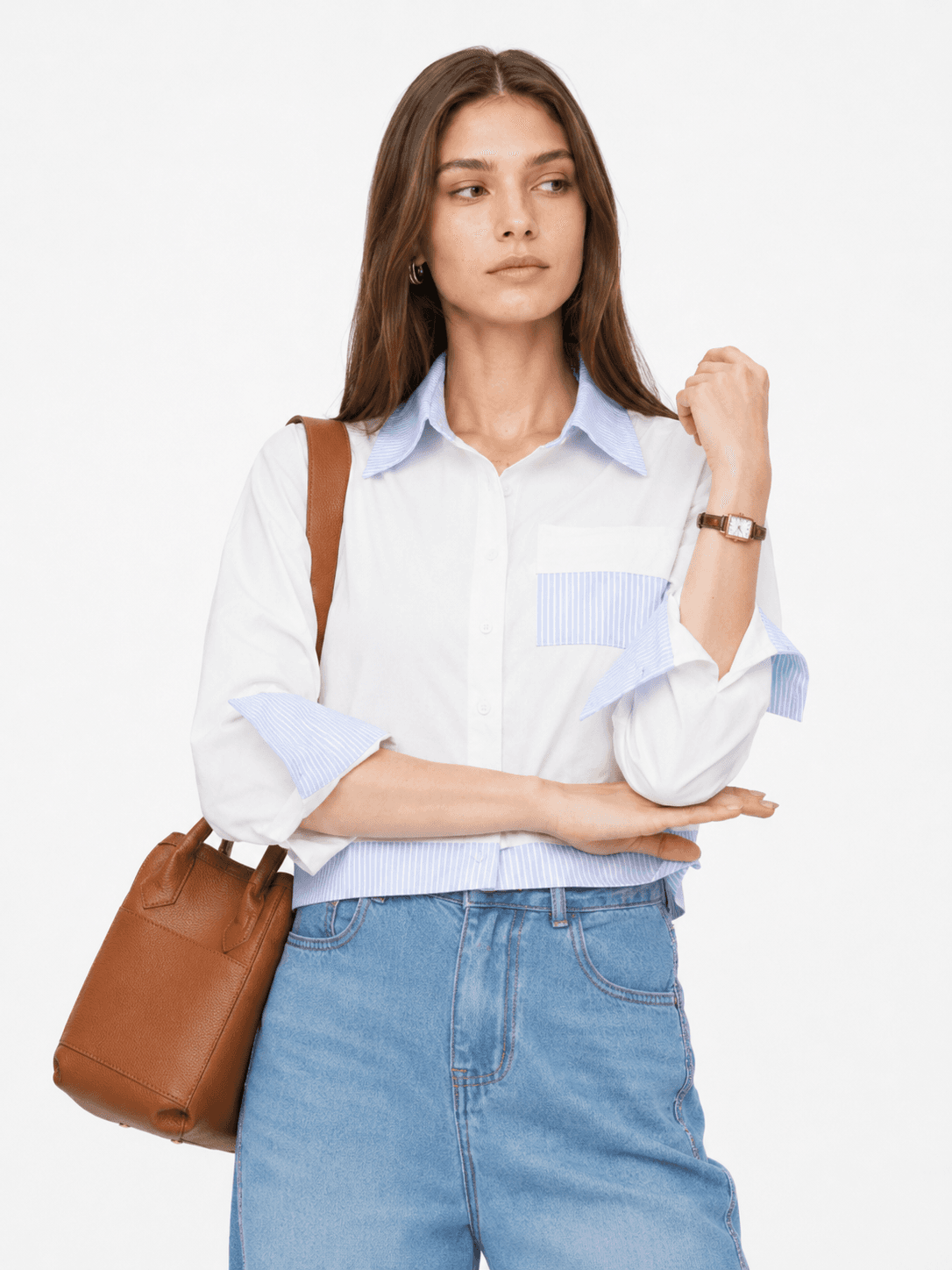 Colorblock Cropped Long Sleeve Blouse ZBP6017