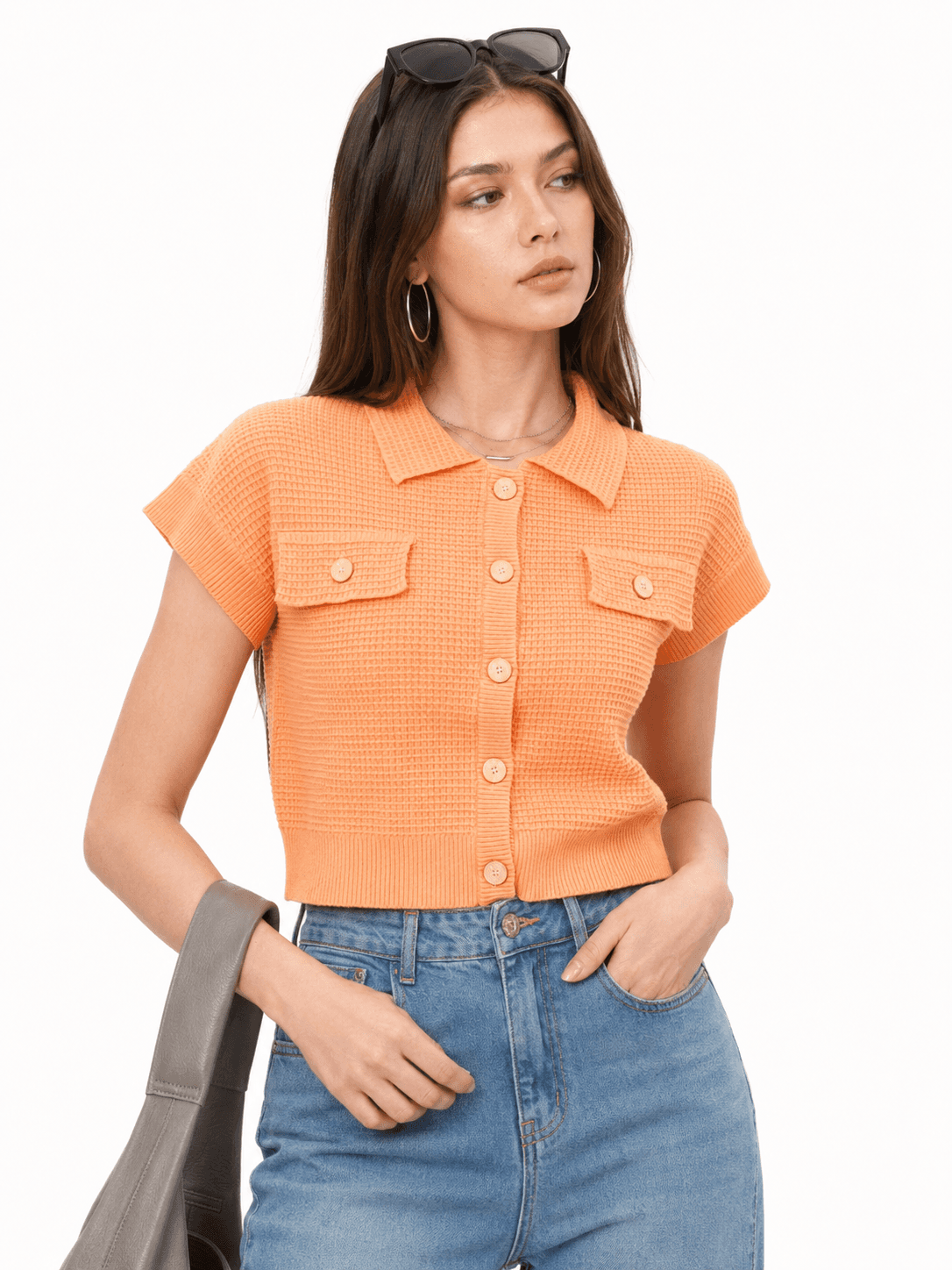 Waffle Knit Button-Up Top ZBP6077
