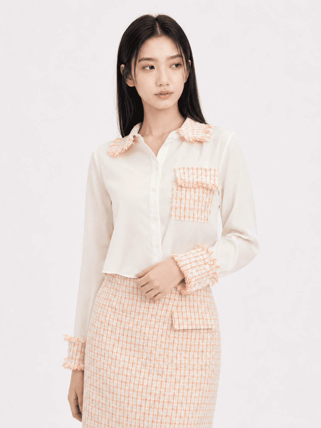 Satin Tweed Panel Shirt ZBP6079