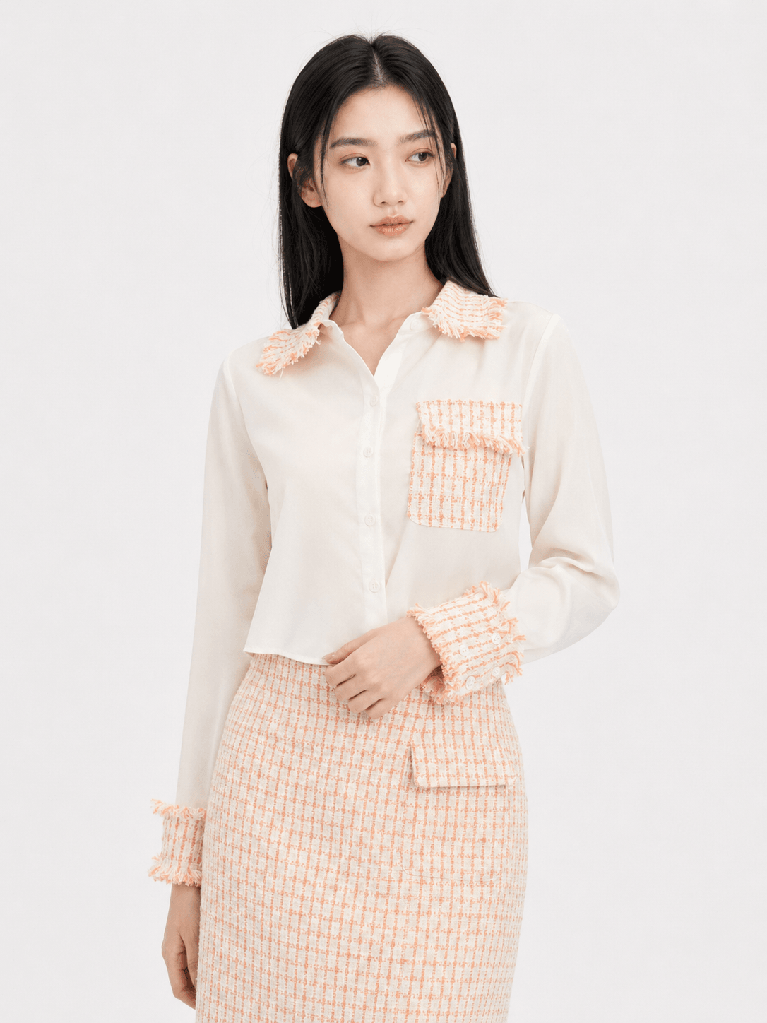 Satin Tweed Panel Shirt ZBP6079