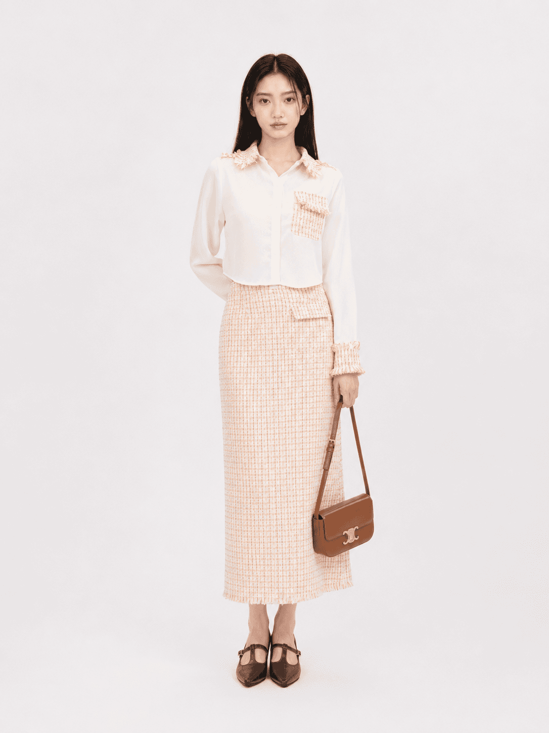 Satin Tweed Panel Shirt ZBP6079