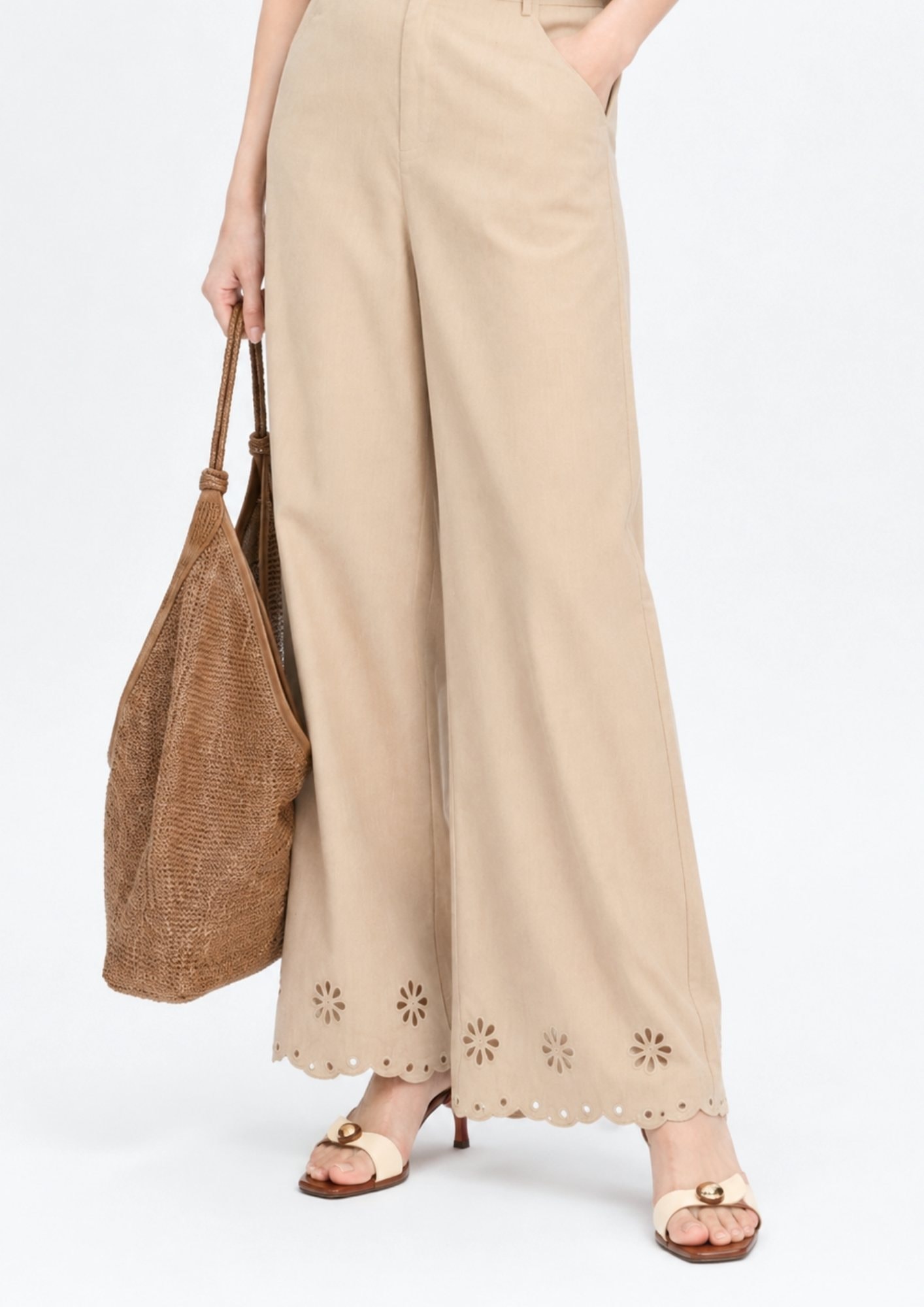 Embroidered Hem Straight-Leg Pants
