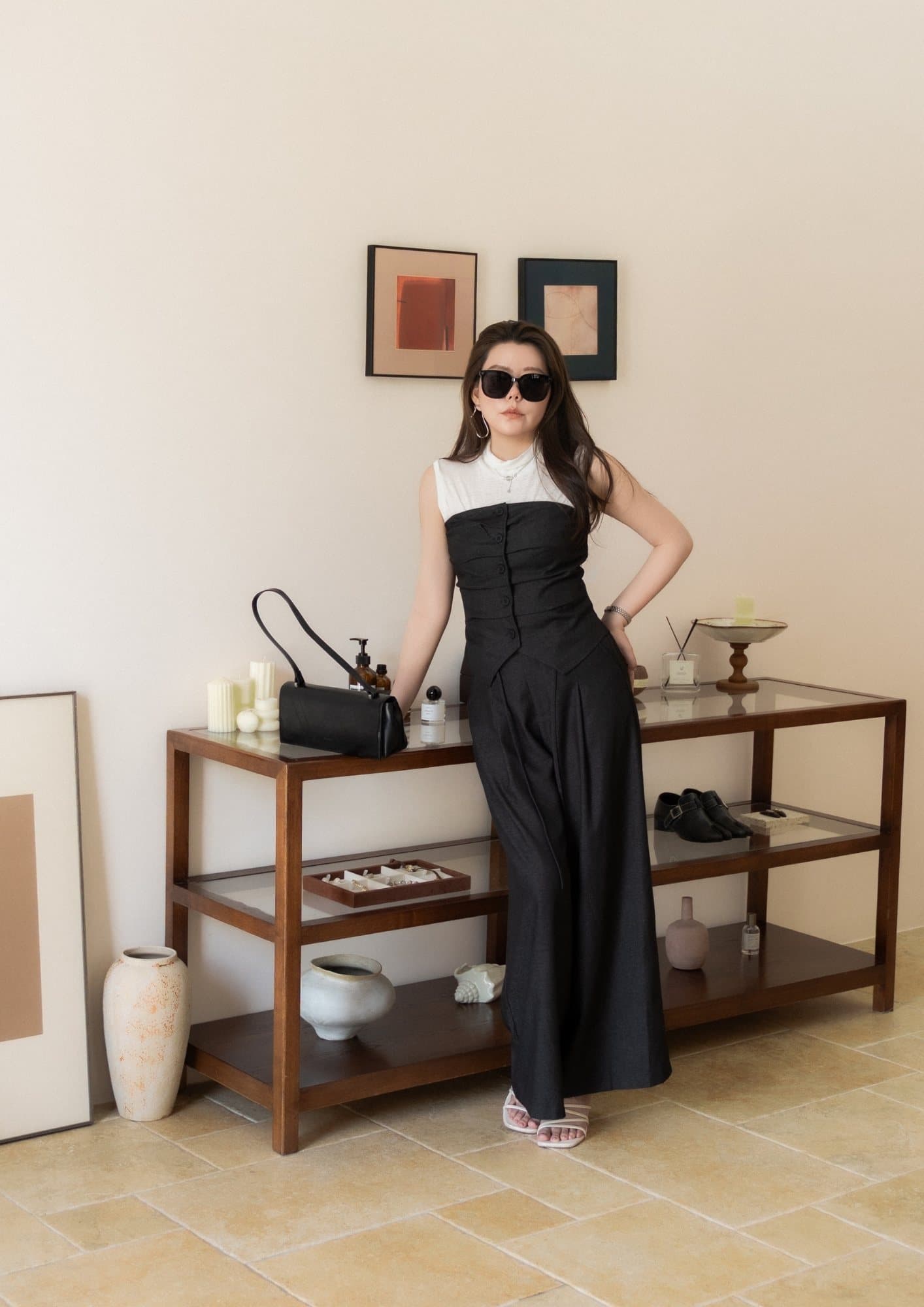 COUPLE LOOK Wide-Leg Pants - GREY BLACK