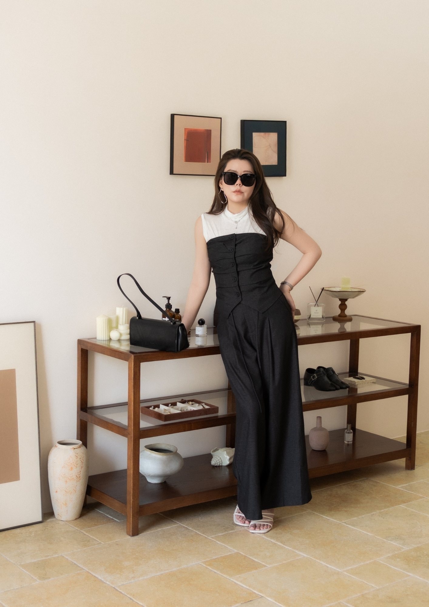 COUPLE LOOK Wide-Leg Pants - GREY BLACK