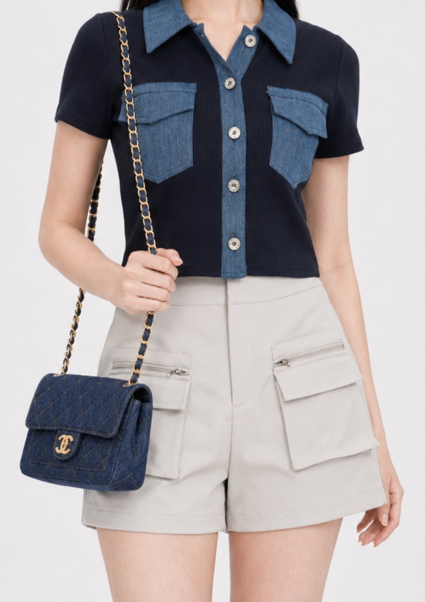 Trench Fabric Zip Pocket Shorts - Light Grey